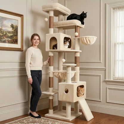Globlazer Heavy 80''Cat Tree, Space-Saving Corner Cat Furniture with 2 Condo ＆6 Sisal Scratching Post