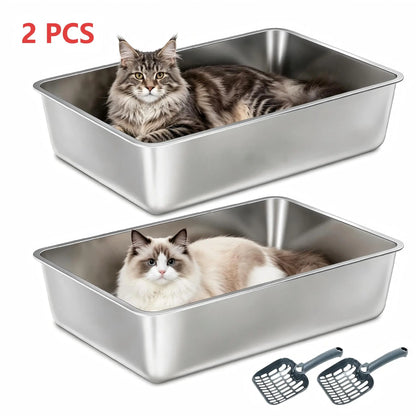 Petwhole 2-Pack Stainless Steel Litter Box, High-Sided Non-Stick Metal Litter Pan, 17.5X13.5X4Inch Cat Toilet Tray Stainless Steel Litter Box Litter Box for Cats