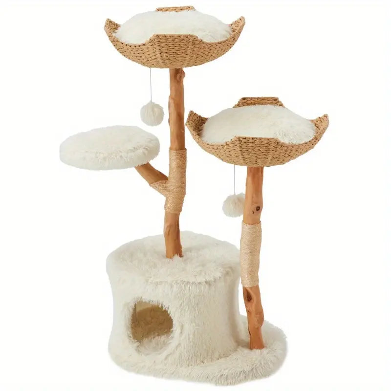 Natural Wood Tall Cat Tower - White Multi-Level Design with Hand-Woven Baskets & Cat Condo, Perfect for Indoor Cats