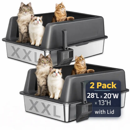 Zarler XXXL Large Stainless Steel Litter Box for Big Cats Multi-Cat with Lids Non-Stick Odor-Free Toilet Pet Products with Filter Pedal & Durable Scoop