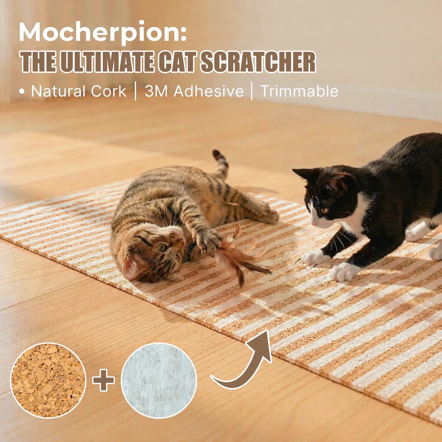 Mocherpion Natural Cork Cat Scratching Pad Mat - Upgraded Durable Wall & Furniture Protector, Trim-To-Fit Design with Strong 3M Adhesive, Eco-Friendly Safe Cat Toy for Sofa, Floor