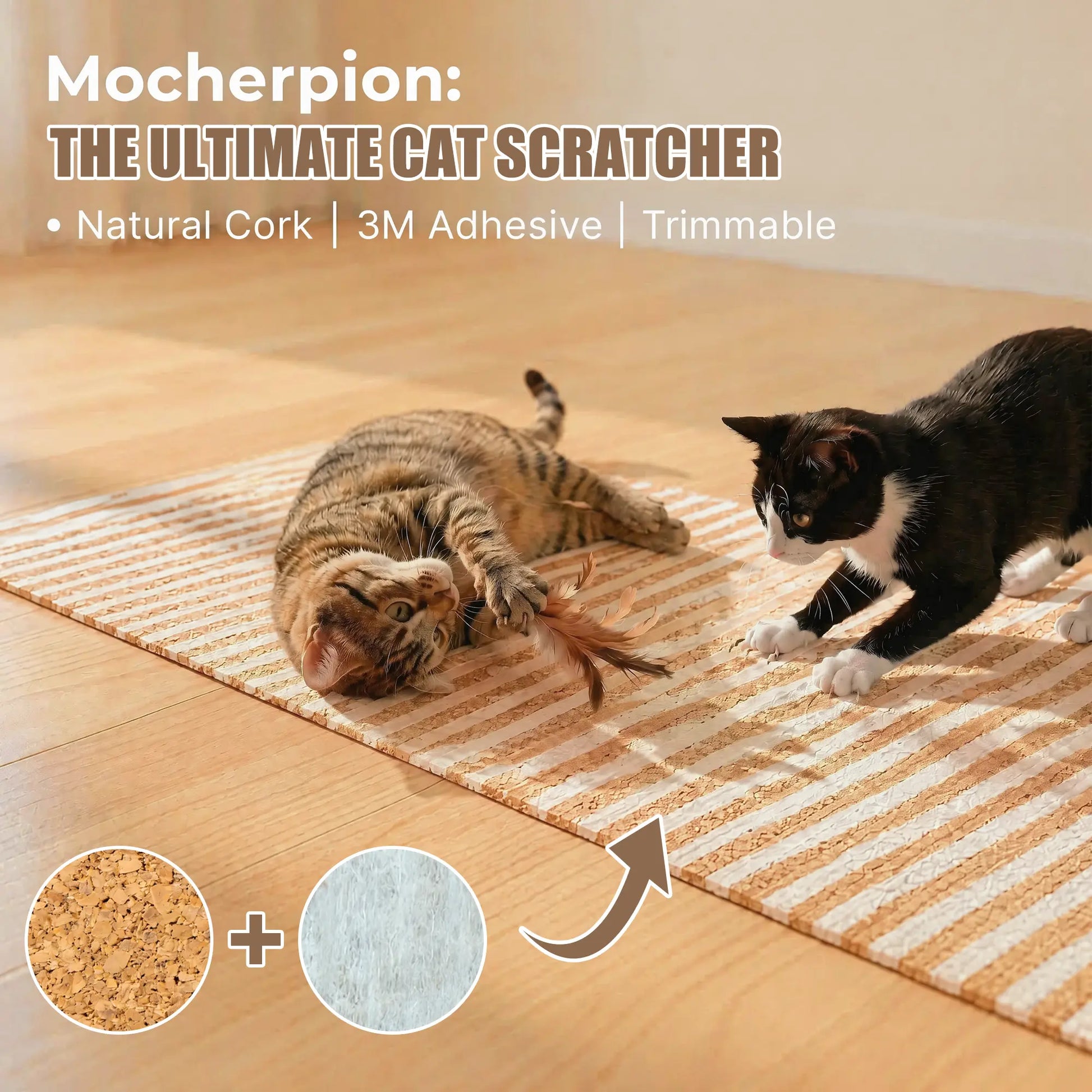Mocherpion Natural Cork Cat Scratching Pad Mat - Upgraded Durable Wall & Furniture Protector, Trim-To-Fit Design with Strong 3M Adhesive, Eco-Friendly Safe Cat Toy for Sofa, Floor