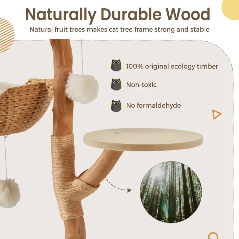 Natural Wood Tall Cat Tower - White Multi-Level Design with Hand-Woven Baskets & Cat Condo, Perfect for Indoor Cats