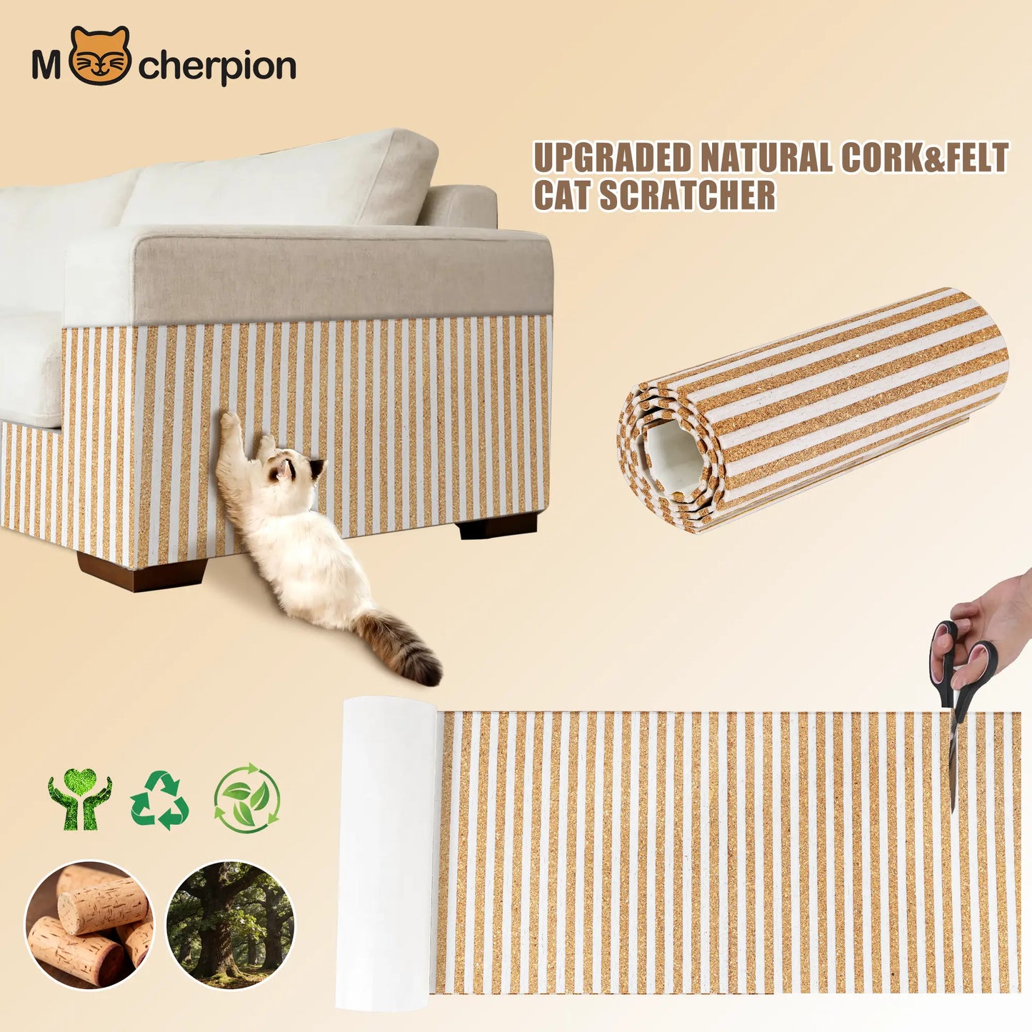 Mocherpion Natural Cork Cat Scratching Pad Mat - Upgraded Durable Wall & Furniture Protector, Trim-To-Fit Design with Strong 3M Adhesive, Eco-Friendly Safe Cat Toy for Sofa, Floor