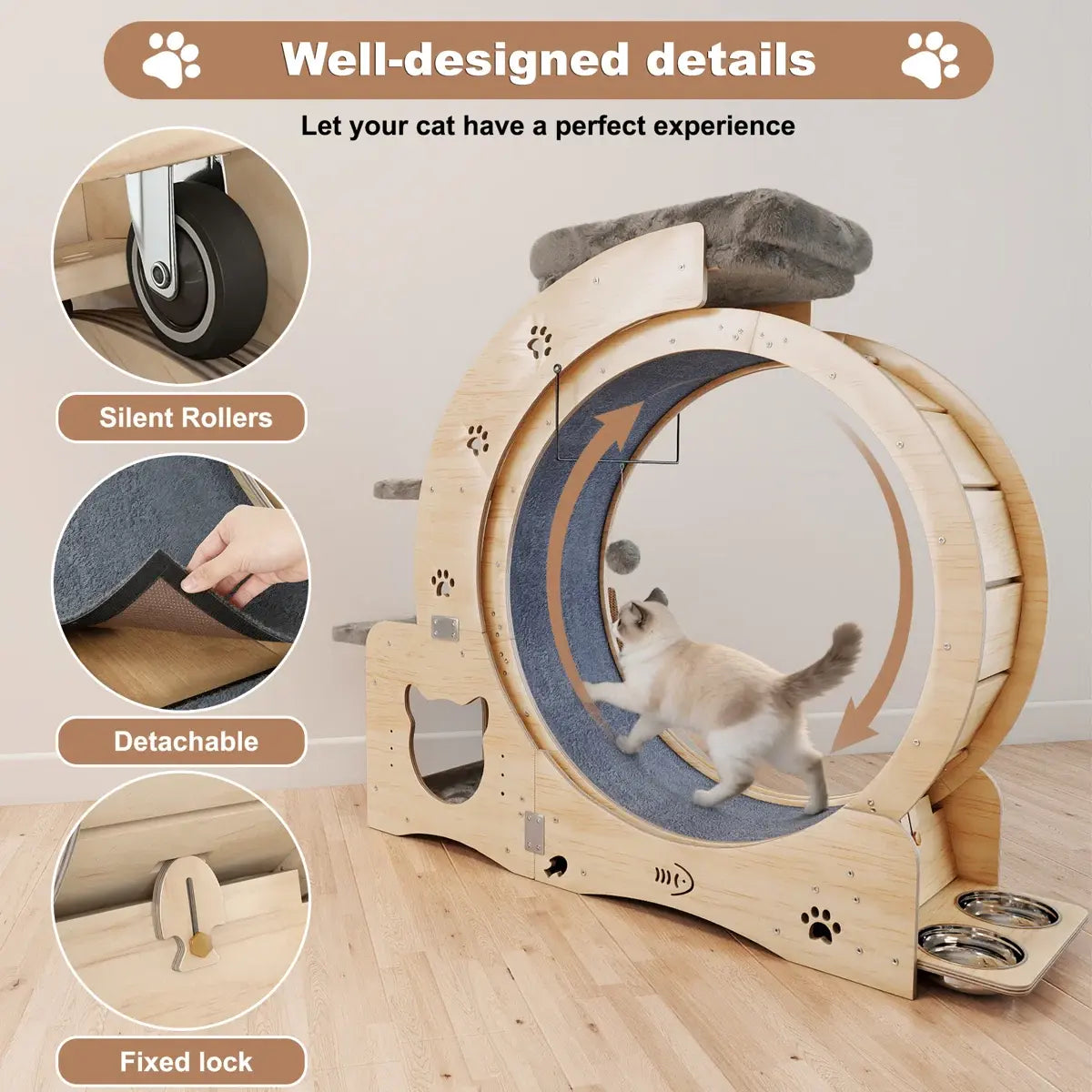NAVINE 40" Cat Exercise Wheel for Indoor Cats, Cat Treadmill with Cat Nest, Cat Wheel with Safety Locker, Cat Scratching Post, Cat House, Cat Ladder and Cat Bowl