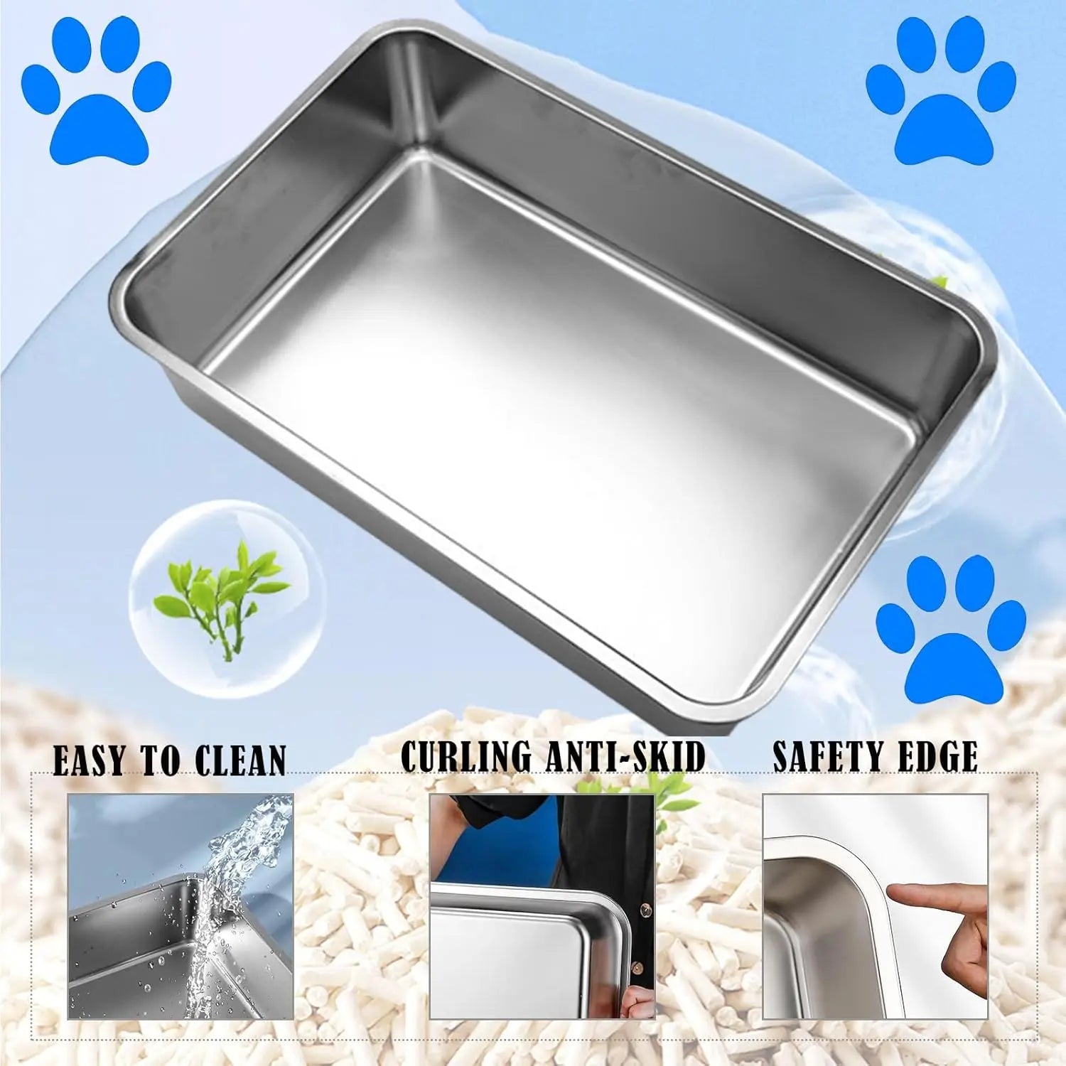 Petwhole 2-Pack Stainless Steel Litter Box, High-Sided Non-Stick Metal Litter Pan, 17.5X13.5X4Inch Cat Toilet Tray Stainless Steel Litter Box Litter Box for Cats