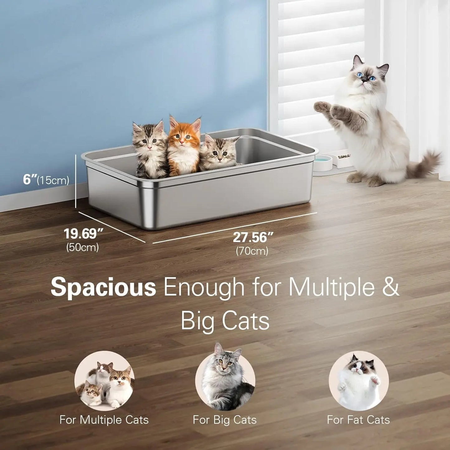 Zarler XXXL Large Stainless Steel Litter Box for Big Cats Multi-Cat with Lids Non-Stick Odor-Free Toilet Pet Products with Filter Pedal & Durable Scoop