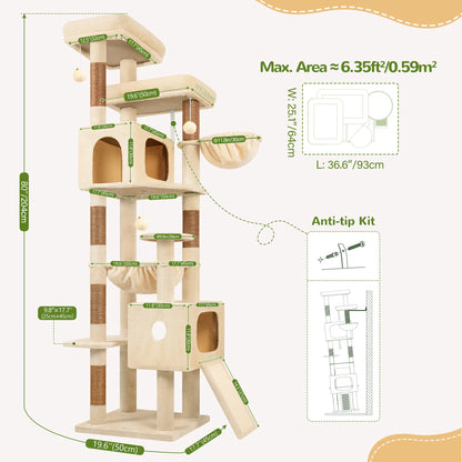 Globlazer Heavy 80''Cat Tree, Space-Saving Corner Cat Furniture with 2 Condo ＆6 Sisal Scratching Post