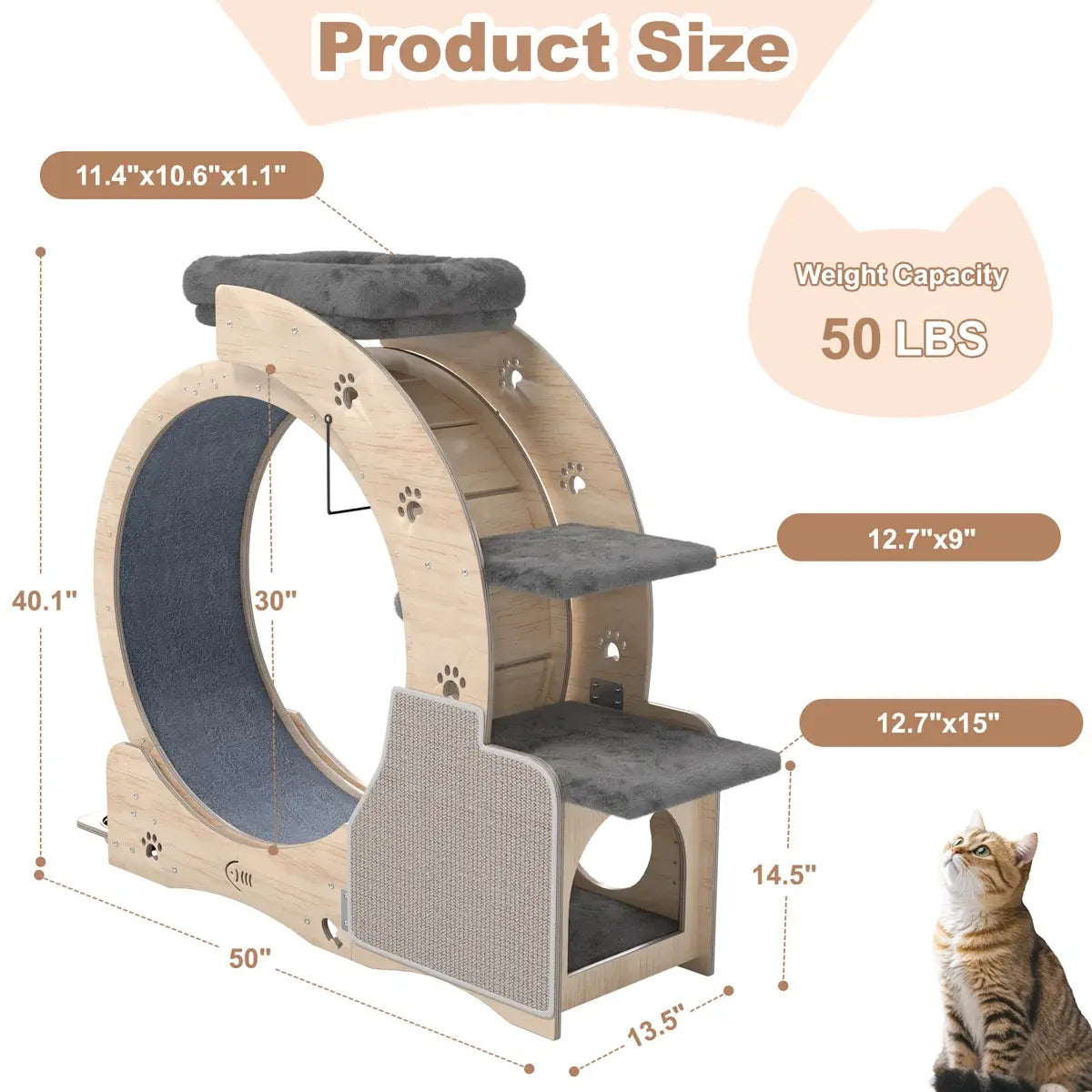 NAVINE 40" Cat Exercise Wheel for Indoor Cats, Cat Treadmill with Cat Nest, Cat Wheel with Safety Locker, Cat Scratching Post, Cat House, Cat Ladder and Cat Bowl