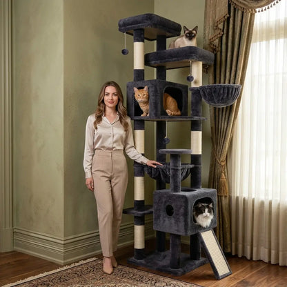 Globlazer Heavy 80''Cat Tree, Space-Saving Corner Cat Furniture with 2 Condo ＆6 Sisal Scratching Post