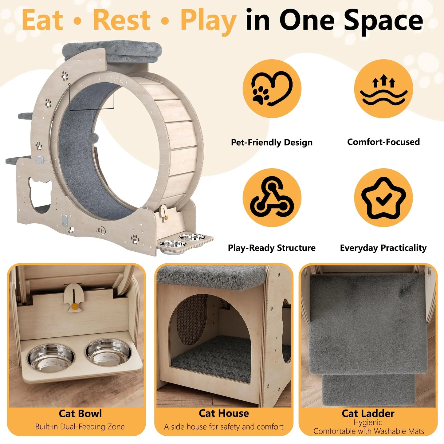NAVINE 40" Cat Exercise Wheel for Indoor Cats, Cat Treadmill with Cat Nest, Cat Wheel with Safety Locker, Cat Scratching Post, Cat House, Cat Ladder and Cat Bowl
