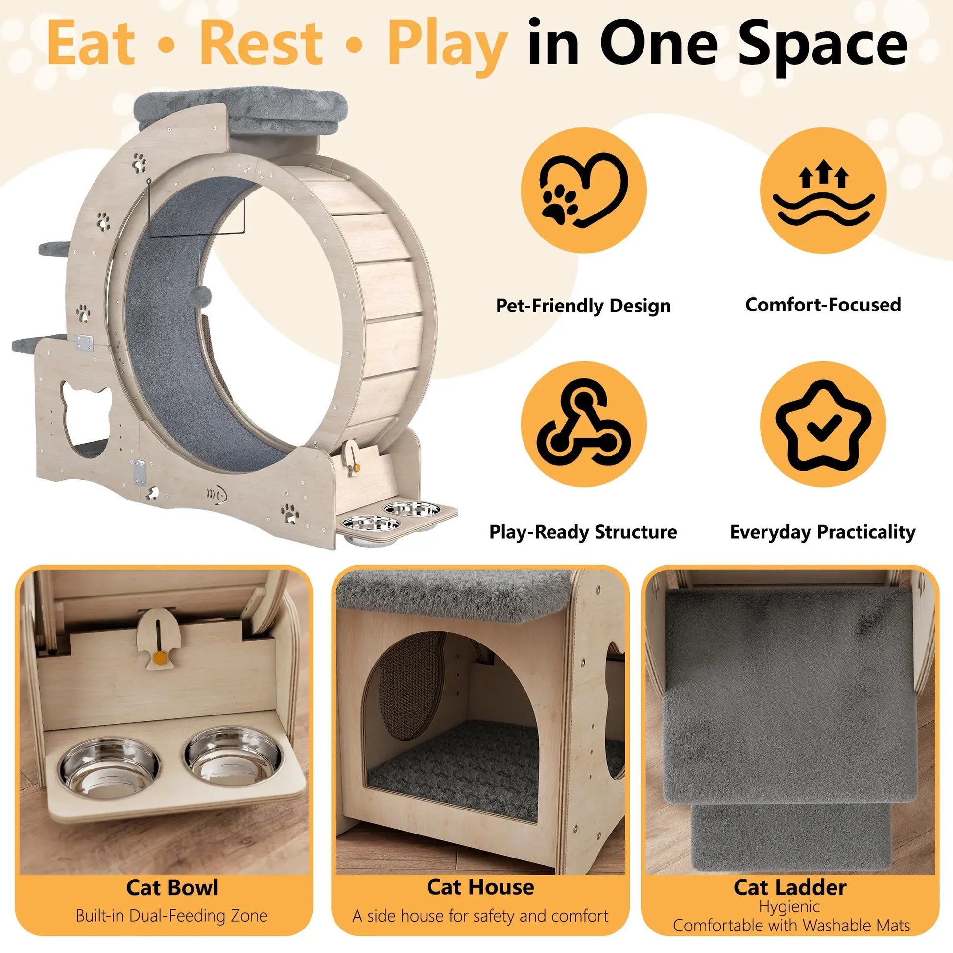 NAVINE 40" Cat Exercise Wheel for Indoor Cats, Cat Treadmill with Cat Nest, Cat Wheel with Safety Locker, Cat Scratching Post, Cat House, Cat Ladder and Cat Bowl