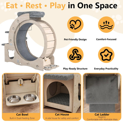 NAVINE 40" Cat Exercise Wheel for Indoor Cats, Cat Treadmill with Cat Nest, Cat Wheel with Safety Locker, Cat Scratching Post, Cat House, Cat Ladder and Cat Bowl