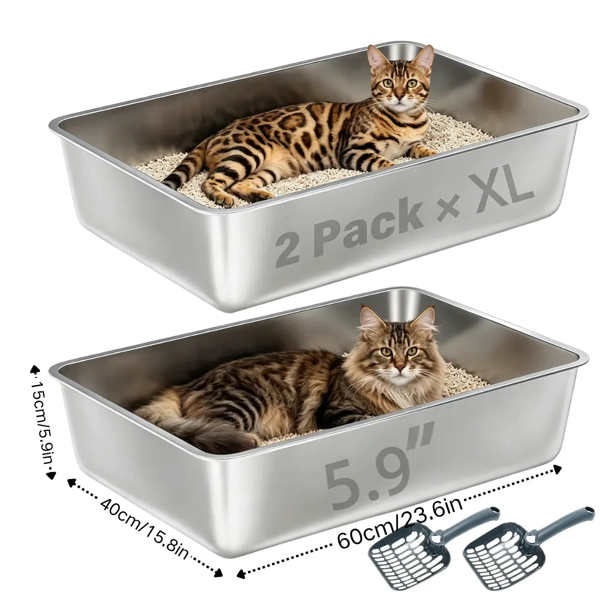 Petwhole 2-Pack Stainless Steel Litter Box, High-Sided Non-Stick Metal Litter Pan, 17.5X13.5X4Inch Cat Toilet Tray Stainless Steel Litter Box Litter Box for Cats