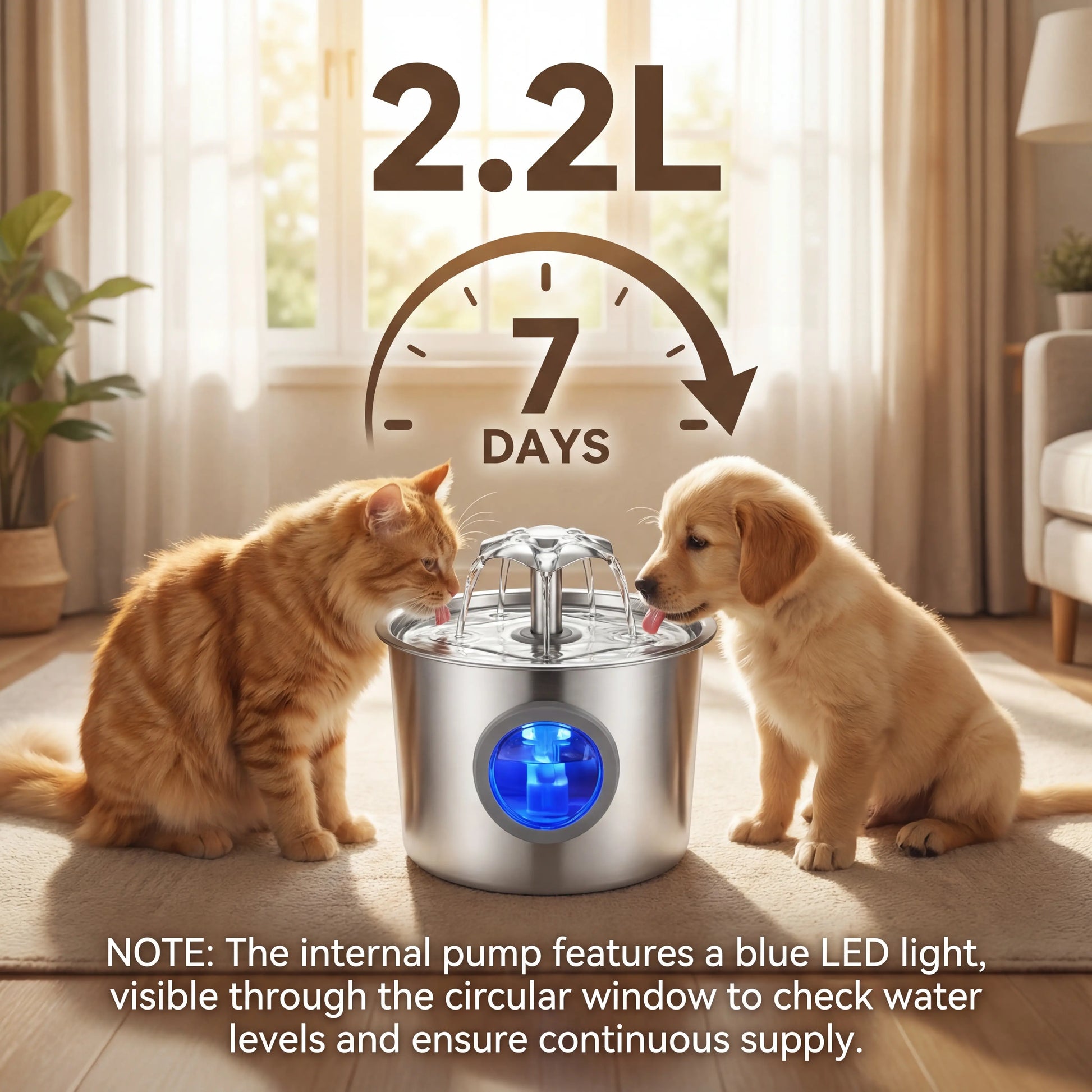 Super Silent Cat Water Dispenser 2.2L Pet Water Dispenser Super Silent 304 Stainless Steel Water Outlet Night Light 6-Layer Filter Soft Blue LED Automatic Gravity Water Supply | Wired Plug in Model | Leak Proof Design | Easy to Clean | Easy to Install