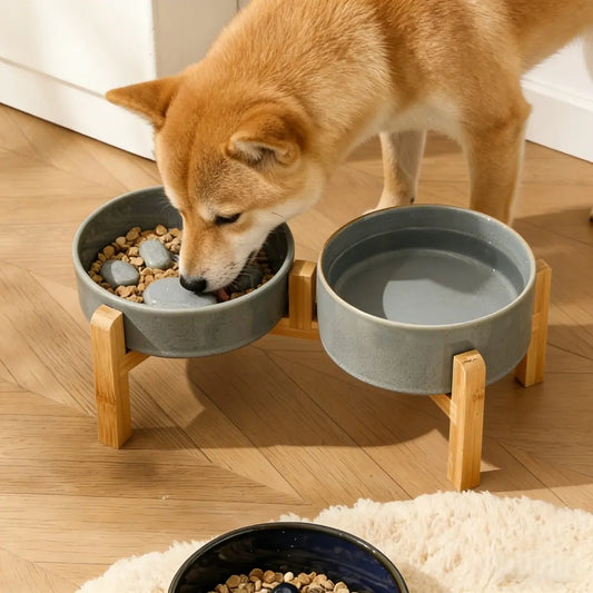 Double Bowls High Wooden Stand, Includes Two Pet Bowls, Ceramic Dog Food Bowl, Cat Meal Bowl, Feeding, Elevated Bamboo Wood Frame, Neck Protection, Elevated Slow Feeder