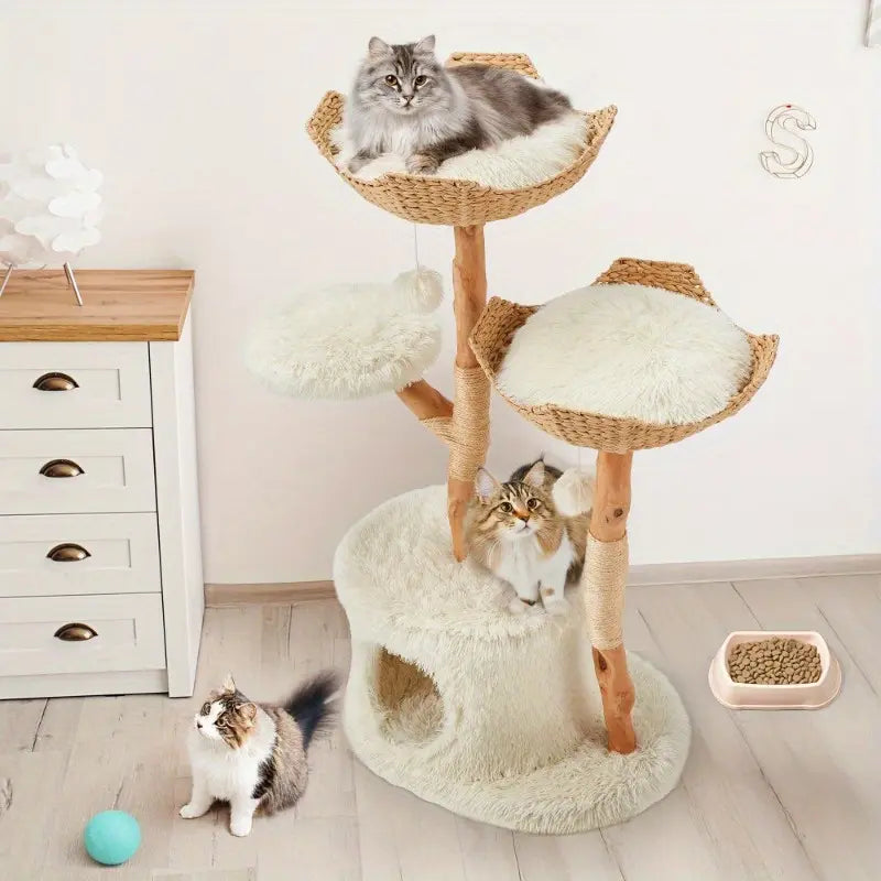 Natural Wood Tall Cat Tower - White Multi-Level Design with Hand-Woven Baskets & Cat Condo, Perfect for Indoor Cats
