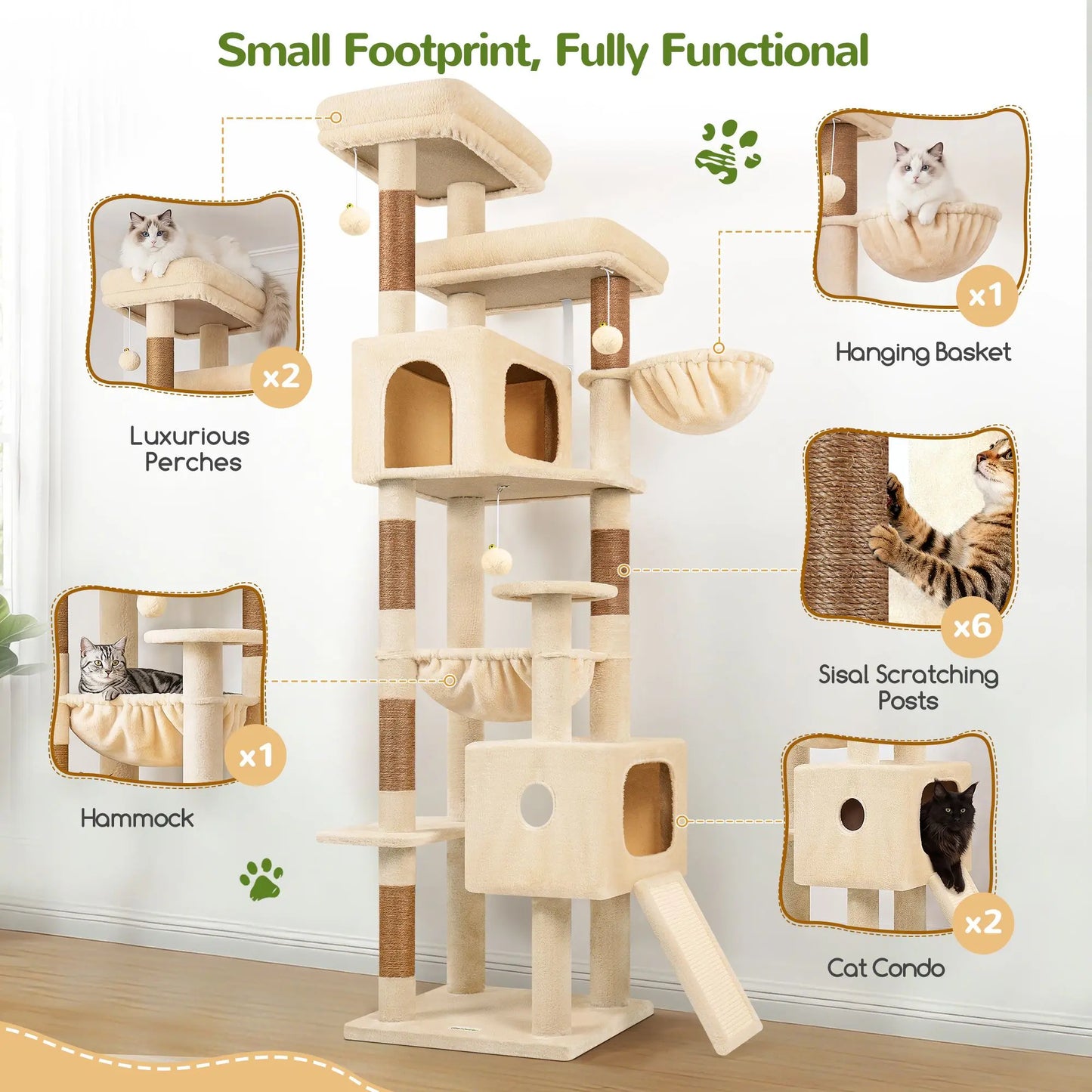 Globlazer Heavy 80''Cat Tree, Space-Saving Corner Cat Furniture with 2 Condo ＆6 Sisal Scratching Post