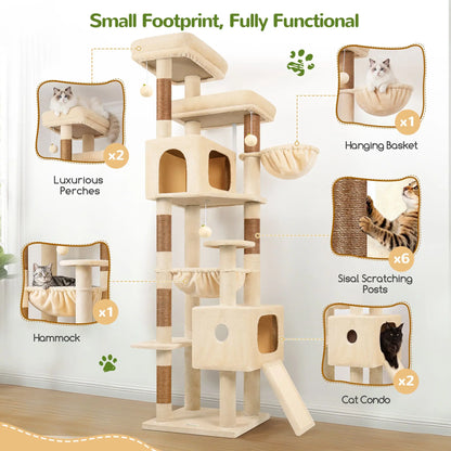 Globlazer Heavy 80''Cat Tree, Space-Saving Corner Cat Furniture with 2 Condo ＆6 Sisal Scratching Post