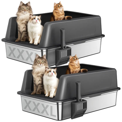 Zarler XXXL Large Stainless Steel Litter Box for Big Cats Multi-Cat with Lids Non-Stick Odor-Free Toilet Pet Products with Filter Pedal & Durable Scoop
