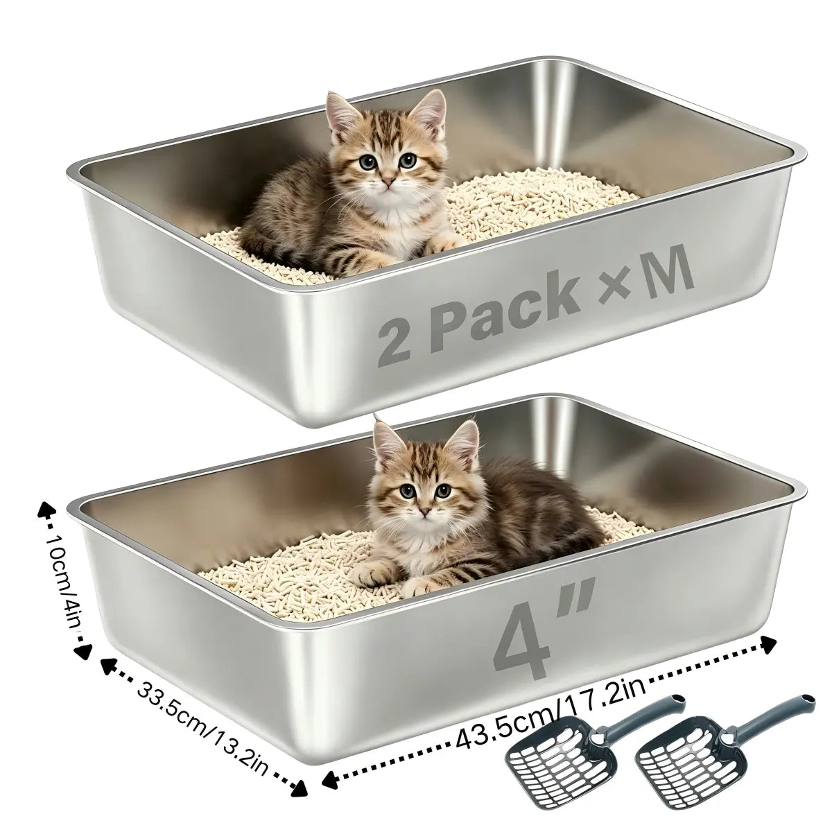 Petwhole 2-Pack Stainless Steel Litter Box, High-Sided Non-Stick Metal Litter Pan, 17.5X13.5X4Inch Cat Toilet Tray Stainless Steel Litter Box Litter Box for Cats