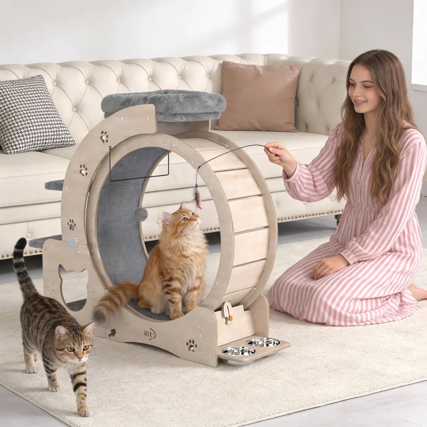 NAVINE 40" Cat Exercise Wheel for Indoor Cats, Cat Treadmill with Cat Nest, Cat Wheel with Safety Locker, Cat Scratching Post, Cat House, Cat Ladder and Cat Bowl