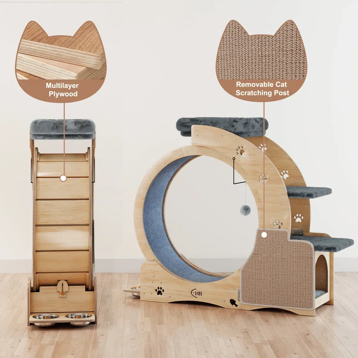 NAVINE 40" Cat Exercise Wheel for Indoor Cats, Cat Treadmill with Cat Nest, Cat Wheel with Safety Locker, Cat Scratching Post, Cat House, Cat Ladder and Cat Bowl