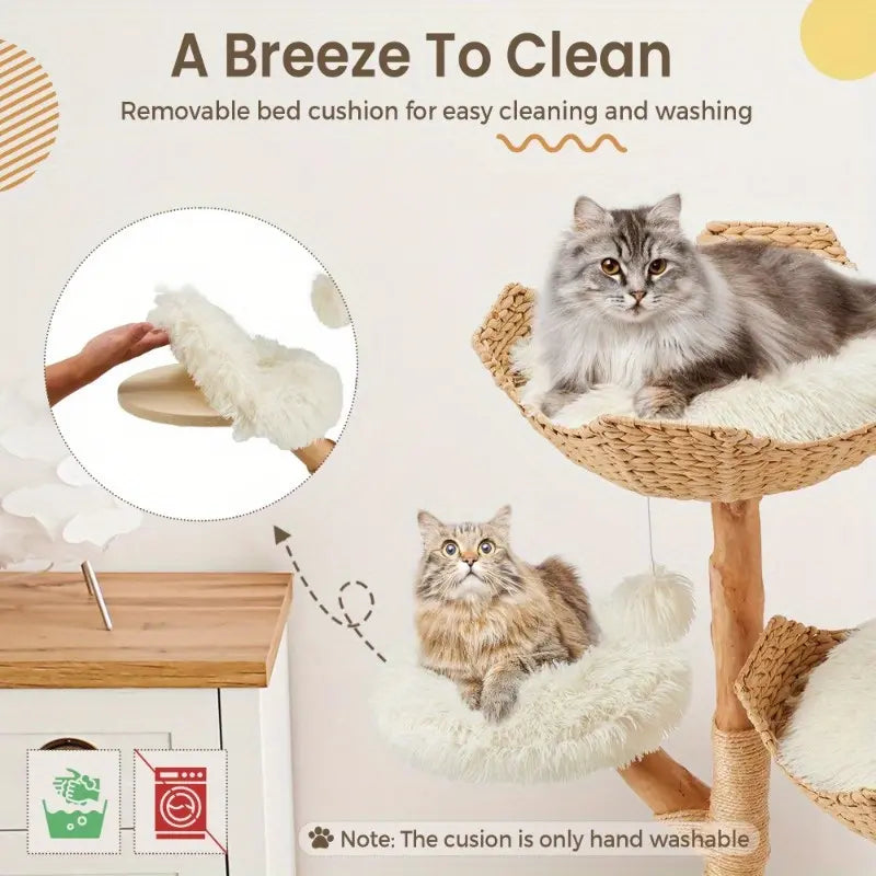 Natural Wood Tall Cat Tower - White Multi-Level Design with Hand-Woven Baskets & Cat Condo, Perfect for Indoor Cats