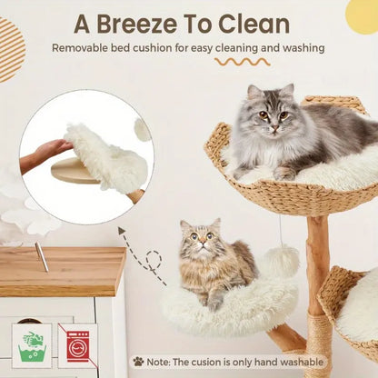 Natural Wood Tall Cat Tower - White Multi-Level Design with Hand-Woven Baskets & Cat Condo, Perfect for Indoor Cats