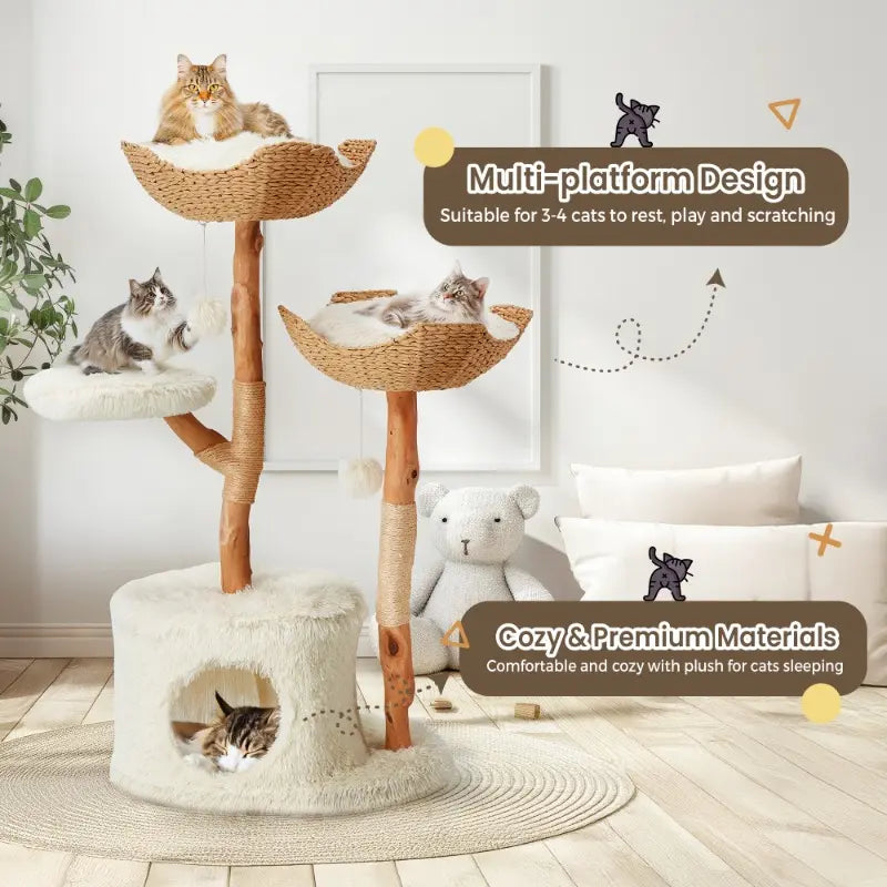 Natural Wood Tall Cat Tower - White Multi-Level Design with Hand-Woven Baskets & Cat Condo, Perfect for Indoor Cats