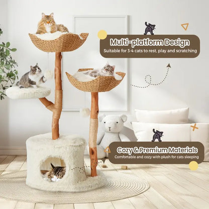 Natural Wood Tall Cat Tower - White Multi-Level Design with Hand-Woven Baskets & Cat Condo, Perfect for Indoor Cats