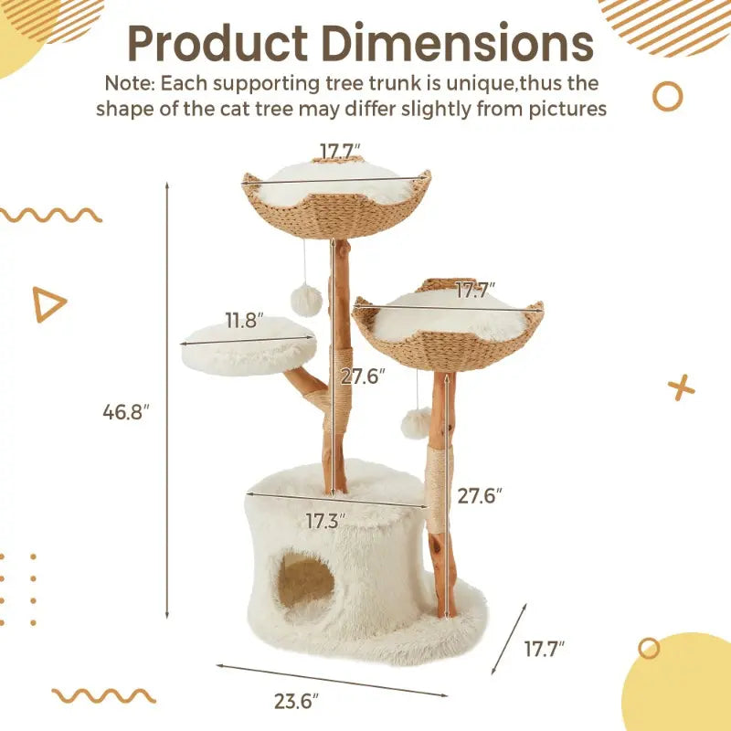 Natural Wood Tall Cat Tower - White Multi-Level Design with Hand-Woven Baskets & Cat Condo, Perfect for Indoor Cats