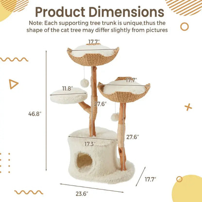 Natural Wood Tall Cat Tower - White Multi-Level Design with Hand-Woven Baskets & Cat Condo, Perfect for Indoor Cats